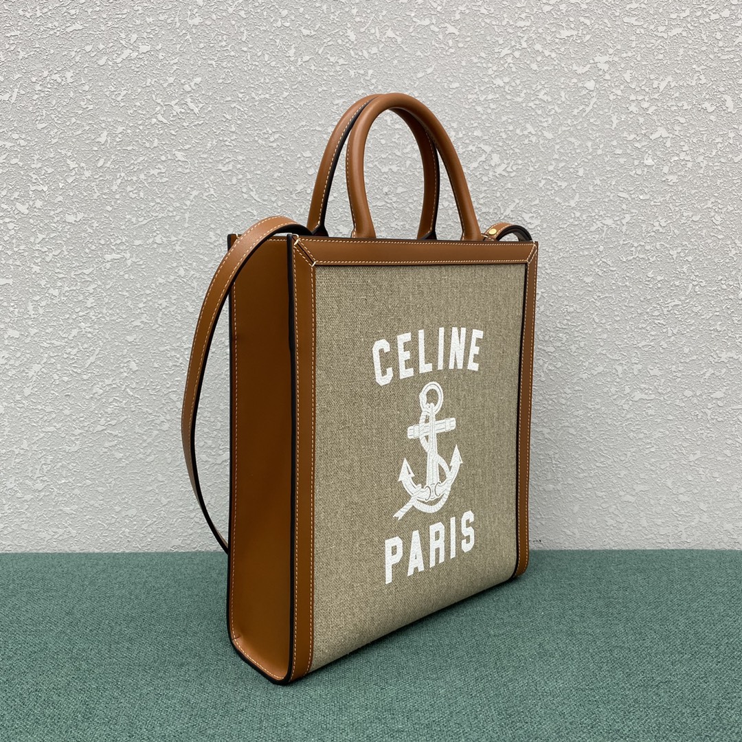 Celine Small Vertical Cabas In Textile With Celine Print And Calfskin Light Grey 192082